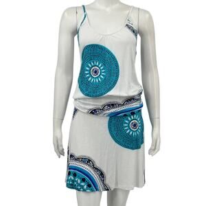 Beach Time Dress Womens 6 White Blue Print Blouson Summer Pool Resort Vacation